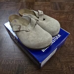 BIRKENSTOCK "Boston" Taupe Soft Suede Clogs